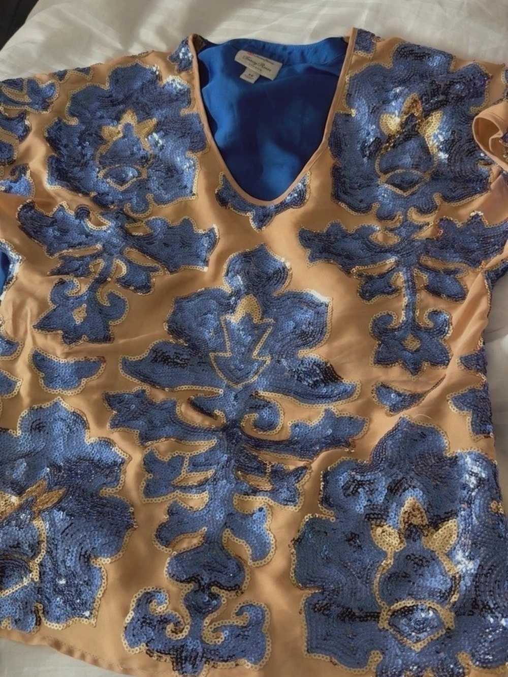 Nicole Miller Floral Beaded Top in Blue & Gold Size XS